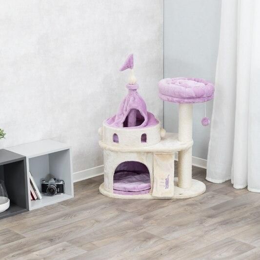 Soft purple and cream multi-level cat tree with scratching posts and cozy hideouts, perfect for cats to play, scratch, and rest indoors.