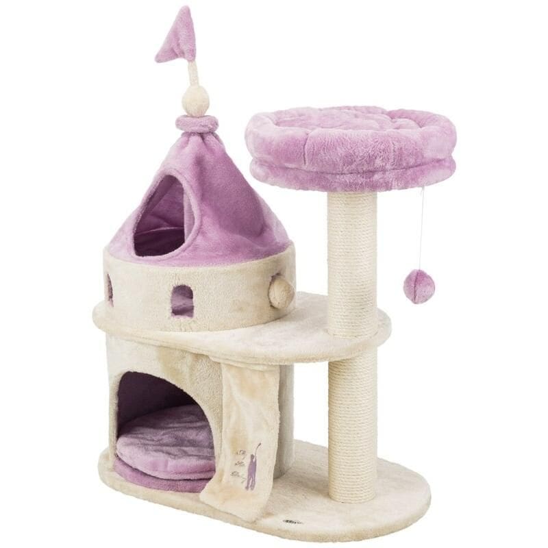 Pink plush cat tree with a cozy hideout, scratching post, and fun hanging toy, perfect for cats’ play and rest. Simulates a castle design for pet entertainment and comfort.