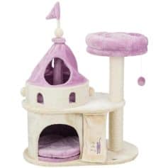 Adorable pink and white cat tree for small pets, featuring a cozy hideout, scratching post, and play area. Ideal for cats and kittens, providing entertainment and comfort indoors.