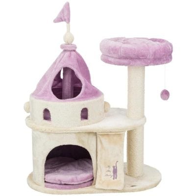 Adorable pink and white cat tree for small pets, featuring a cozy hideout, scratching post, and play area. Ideal for cats and kittens, providing entertainment and comfort indoors.