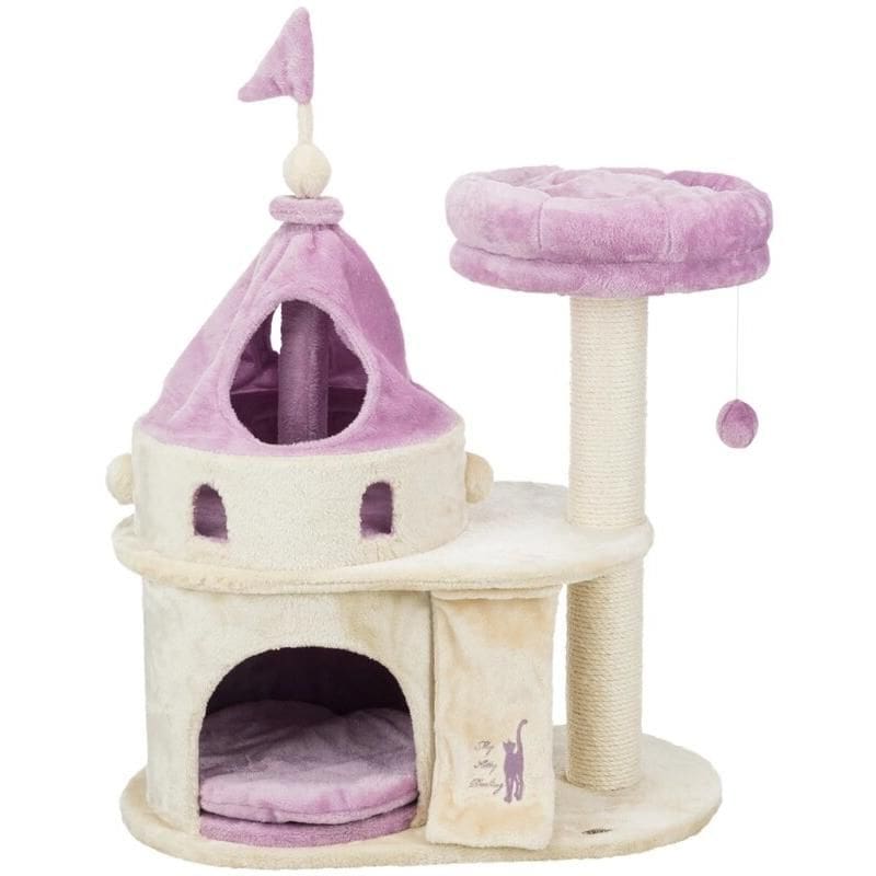 Adorable pink and white cat tree for small pets, featuring a cozy hideout, scratching post, and play area. Ideal for cats and kittens, providing entertainment and comfort indoors.