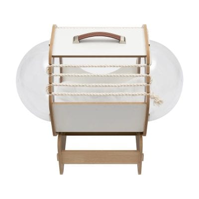 Stylish medical storage trolley with wooden frame, white panels, and rope accents, ideal for home or clinic use.