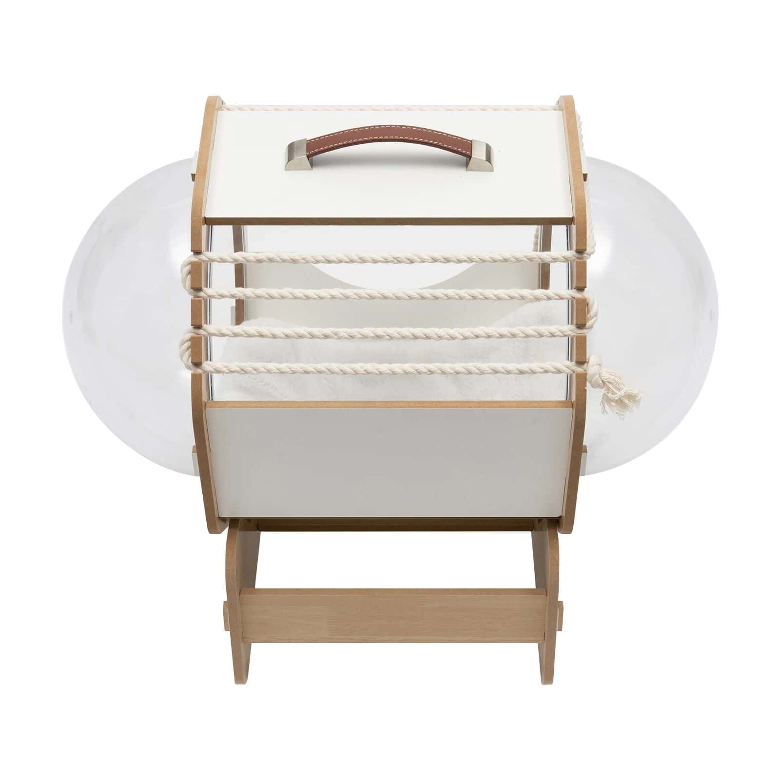 Stylish medical storage trolley with wooden frame, white panels, and rope accents, ideal for home or clinic use.