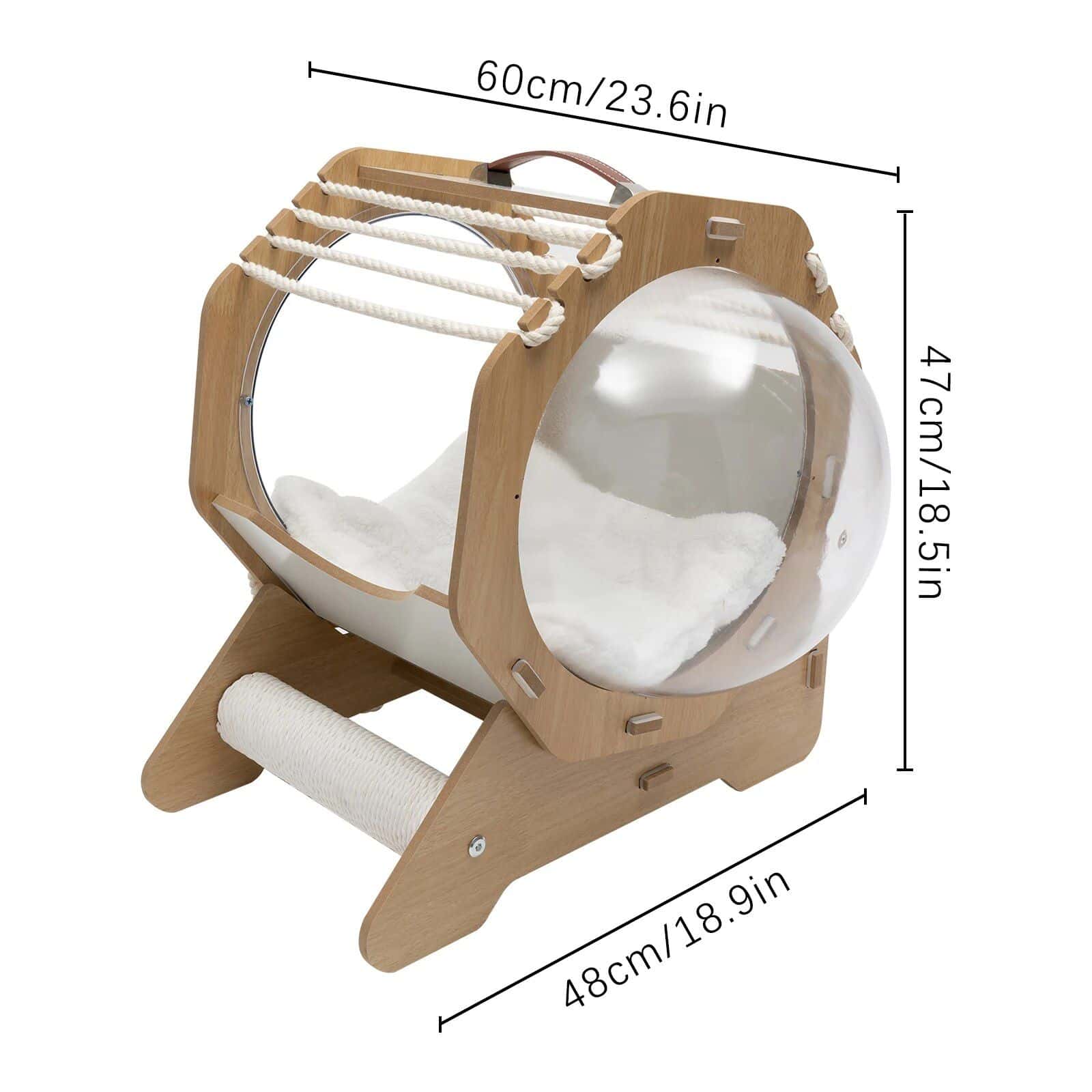 Durable wooden cat scratcher with multiple levels, sisal posts, and a cozy enclosed space for cats to relax and play.