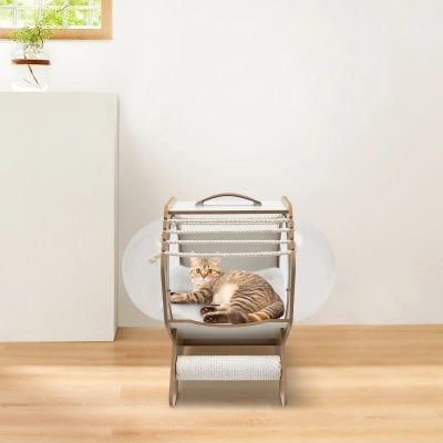 A stylish and cozy wooden cat lounge featuring rope supports, designed for feline relaxation and comfort in a contemporary home setting.