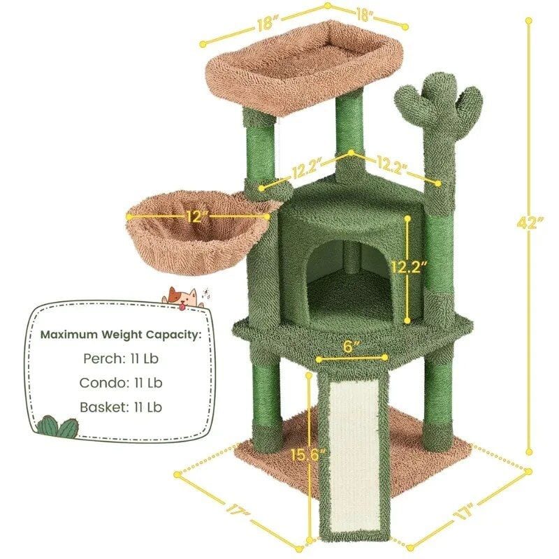 Durable cat condo and perch with sisal scratching post, cozy beds, and multiple levels for climbing and playing. Built for feline fun and comfort.