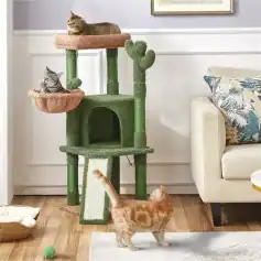 Cat climbing furniture with scratching post, cozy platforms, and cubby for cats, perfect for indoor homes. Stylish, durable, and provides entertainment for cats of all ages.