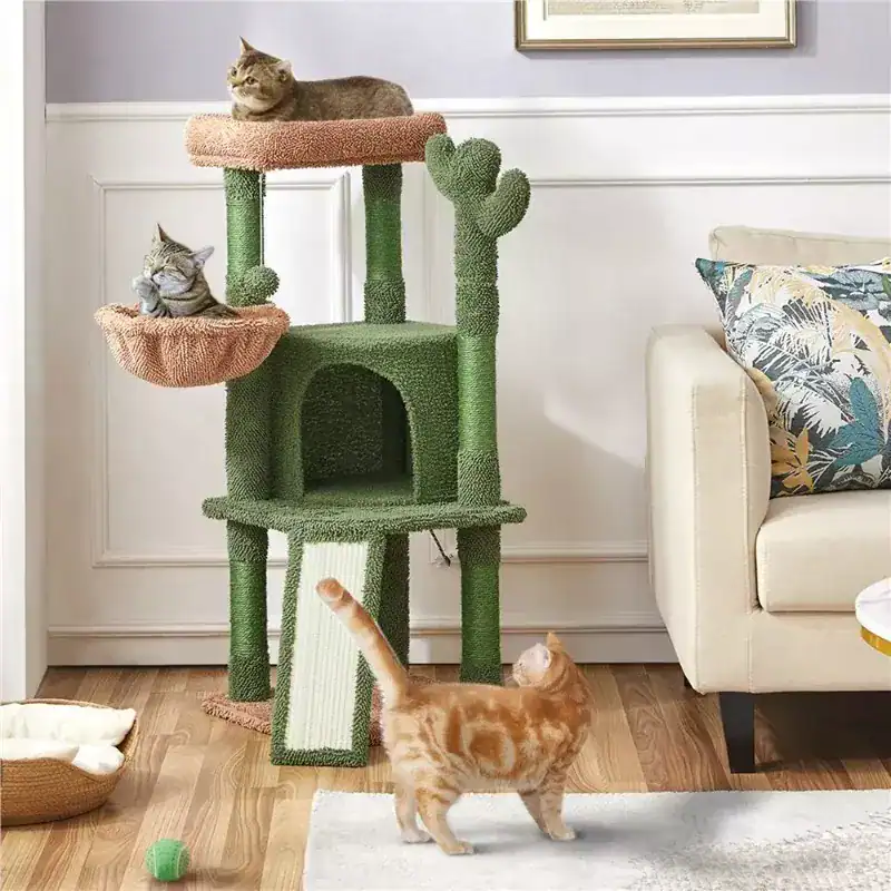 Cat climbing furniture with scratching post, cozy platforms, and cubby for cats, perfect for indoor homes. Stylish, durable, and provides entertainment for cats of all ages.