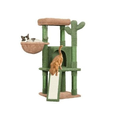 A multi-level cat tree featuring cozy hideouts, a climbing ramp, and a scratching post designed for feline play, exercise, and relaxation. Perfect for a stylish, functional cat accessory.