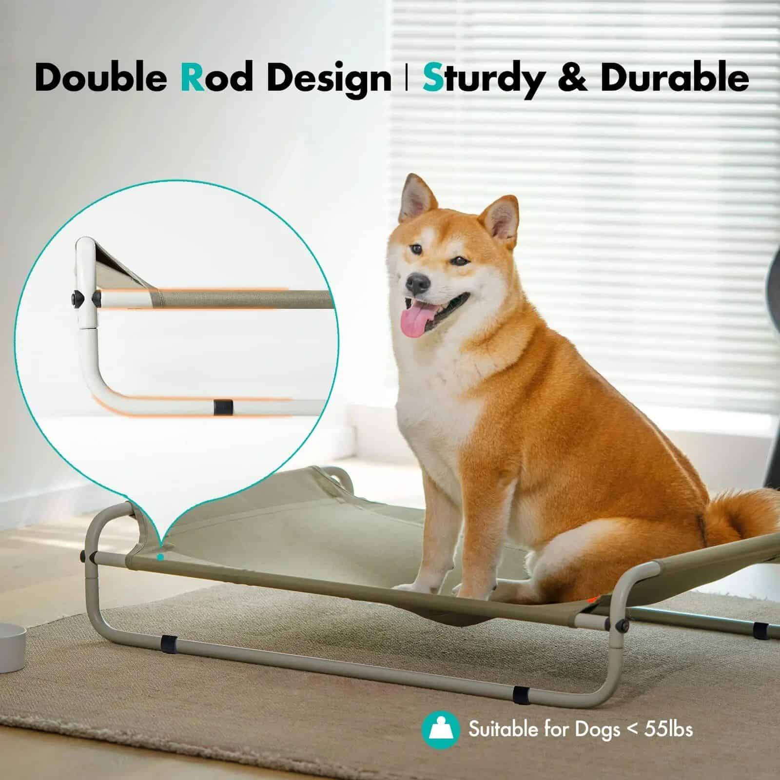 Durable and comfortable pet bed ideal for dogs under 55 lbs, featuring a sturdy double rod frame and ergonomic design for rest and recovery. Perfect for pet owners seeking quality dog accessories.