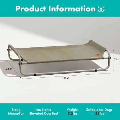 Elevated dog bed perfect for pet comfort, featuring durable materials and lightweight design, suitable for small dogs weighing less than 55 lbs, offering a cozy resting place.