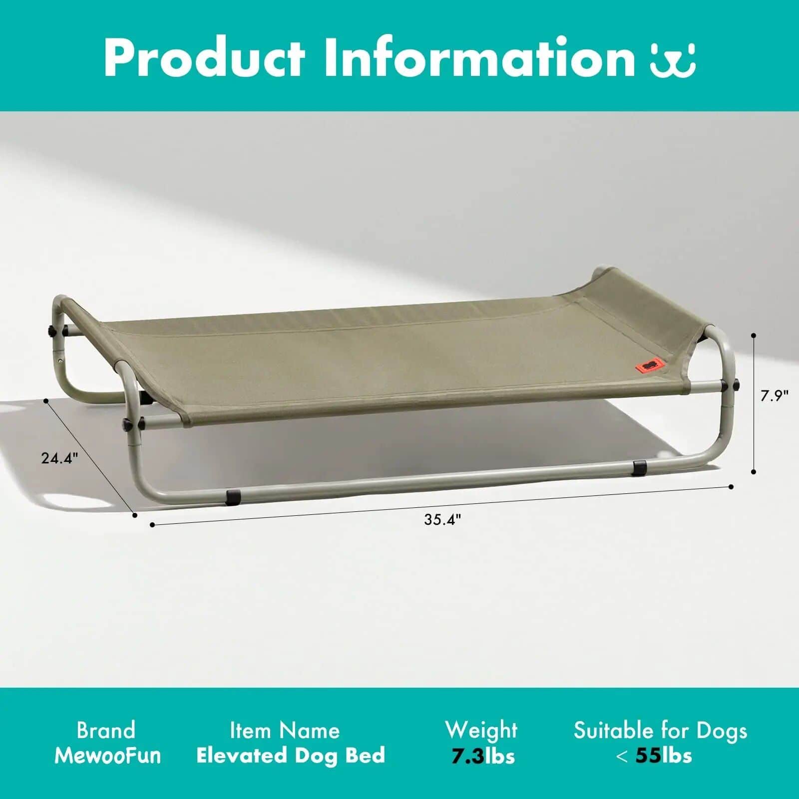 Elevated dog bed perfect for pet comfort, featuring durable materials and lightweight design, suitable for small dogs weighing less than 55 lbs, offering a cozy resting place.