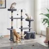 A multi-level cat tree with scratching posts, cozy perches, and hanging toys, perfect for cats to relax, play, and exercise. Ideal for pet owners seeking an engaging environment for their cats.