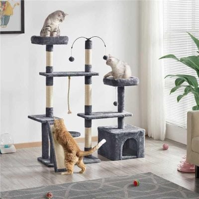 A multi-level cat tree with scratching posts, cozy perches, and hanging toys, perfect for cats to relax, play, and exercise. Ideal for pet owners seeking an engaging environment for their cats.