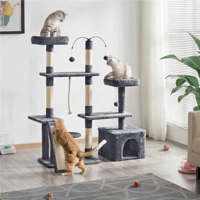 A multi-level cat tree with scratching posts, cozy perches, and hanging toys, perfect for cats to relax, play, and exercise. Ideal for pet owners seeking an engaging environment for their cats.