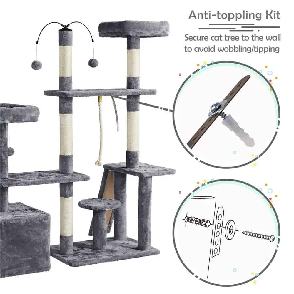 Durable cat furniture with anti-topping kit for wall mounting, preventing wobbling and tipping. Suitable for pet owners seeking sturdy, high-quality cat trees for home or veterinary clinics.