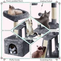 Soft plush cat furniture with multiple levels and perches for climbing and relaxing. Perfect for cats to play, rest, and scratch.