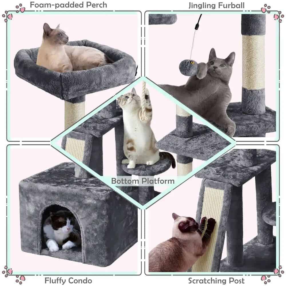 Soft plush cat furniture with multiple levels and perches for climbing and relaxing. Perfect for cats to play, rest, and scratch.