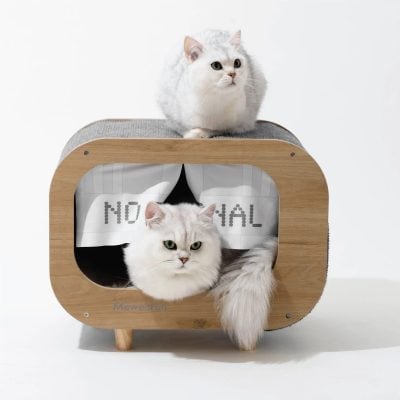 Luxury wooden cat bed with cozy hideout and modern design, perfect for indoor cats, pet relaxation, and stylish pet accessories.