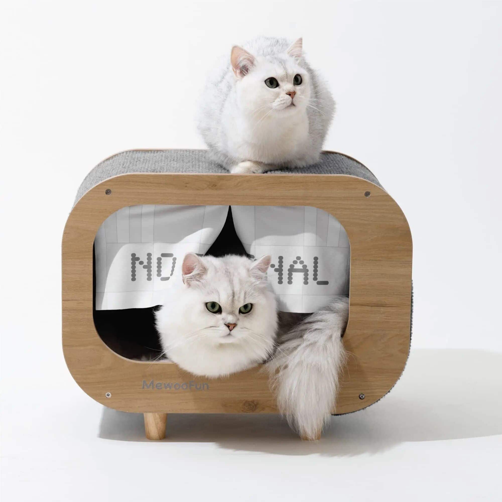 Luxury wooden cat bed with cozy hideout and modern design, perfect for indoor cats, pet relaxation, and stylish pet accessories.
