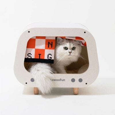 A stylish cat condo featuring a sleek, modern wooden design with a fun racing flag pattern, providing a cozy hideaway for indoor cats. Ideal for pet comfort, play, and adding a trendy touch to your home decor.