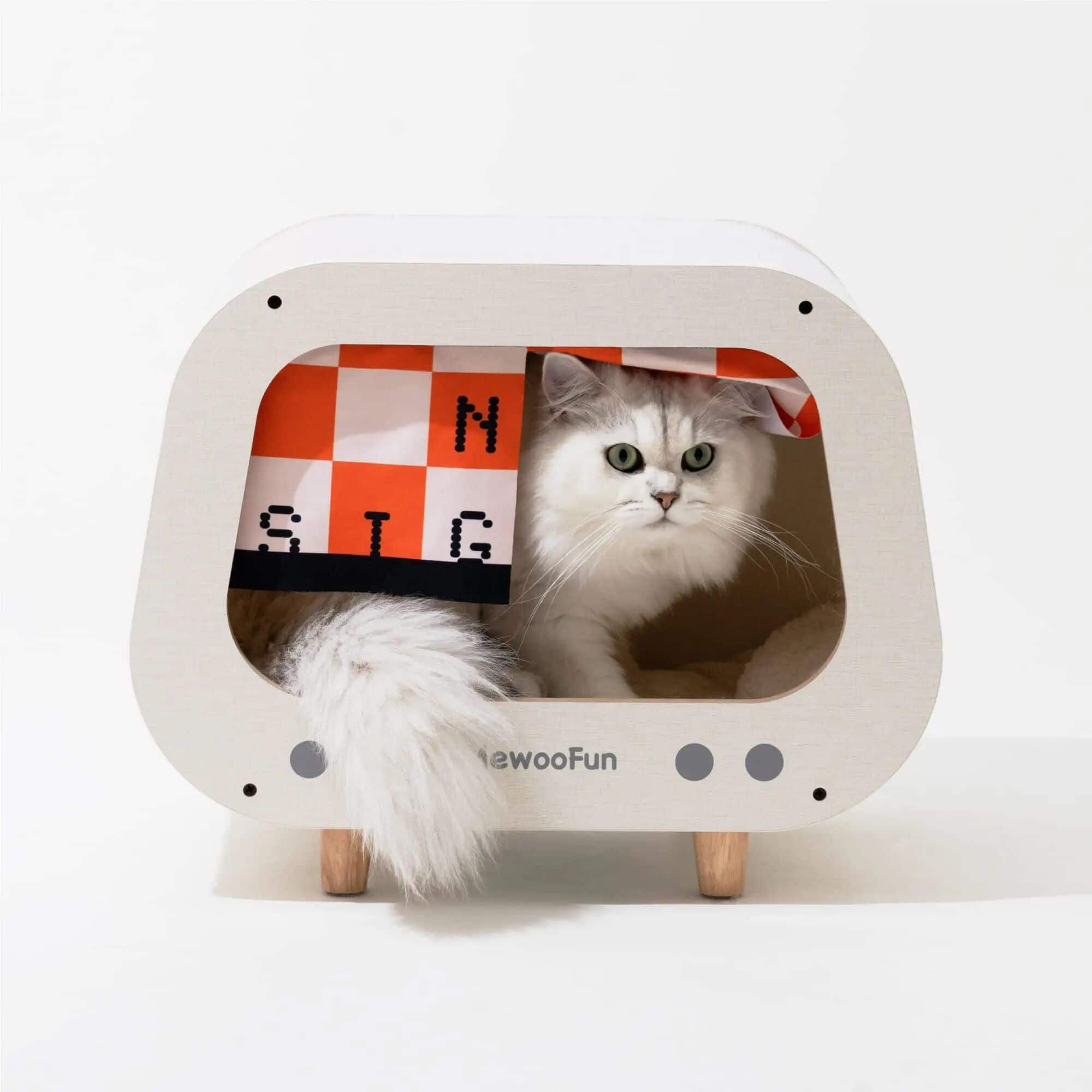 A stylish cat condo featuring a sleek, modern wooden design with a fun racing flag pattern, providing a cozy hideaway for indoor cats. Ideal for pet comfort, play, and adding a trendy touch to your home decor.