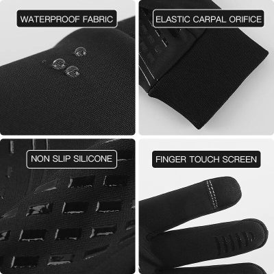 High-quality waterproof fabric, elastic carpal for support, non-slip silicone grip, and finger touch screen compatibility for active lifestyle and sports use.