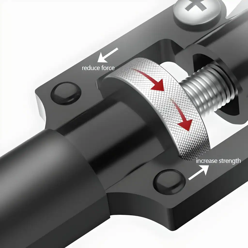Close-up of an adjustable clamp with a knurled dial showing force reduction and strength increase, used in ophthalmology equipment to ensure precise pressure control during eye treatments.