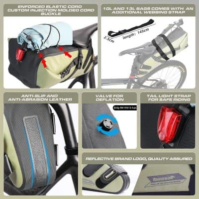 Waterproof bicycle saddle bags with reinforced straps, anti-slip leather, reflective branding, and secure tail light strap for safe riding.