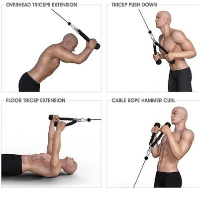 Overhead triceps extension, triceps push down, floor tricep extension, and cable rope hammer curl to enhance arm strength and muscle tone.