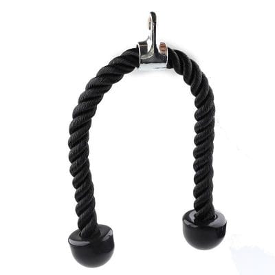 Durable black twisted rope with metal hook, perfect for resistance exercises and strength training. High-quality gym equipment for fitness enthusiasts.