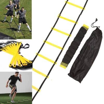 Durable, adjustable agility ladder for sports training and fitness workouts. Ideal for athletes, agility drills, and speed improvement. Comes with carry bag for easy transport.