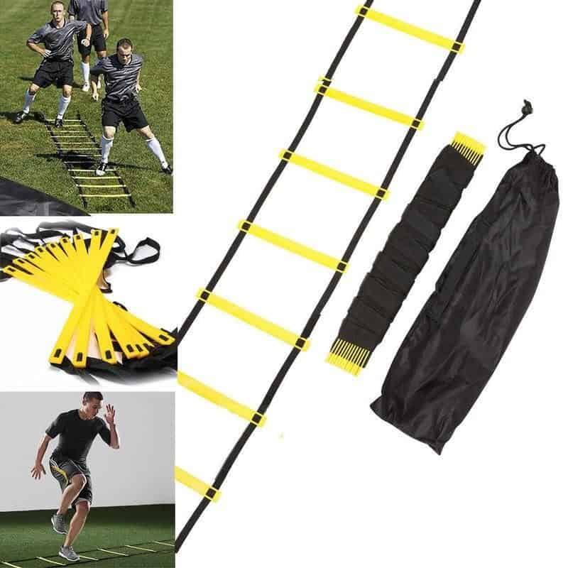 Durable, adjustable agility ladder for sports training and fitness workouts. Ideal for athletes, agility drills, and speed improvement. Comes with carry bag for easy transport.