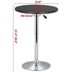 Stylish, adjustable-height bar table with 360-degree swivel, ideal for cafes, restaurants, or home bars, featuring a durable black top and chrome finish.
