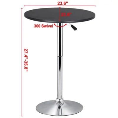 Stylish, adjustable-height bar table with 360-degree swivel, ideal for cafes, restaurants, or home bars, featuring a durable black top and chrome finish.