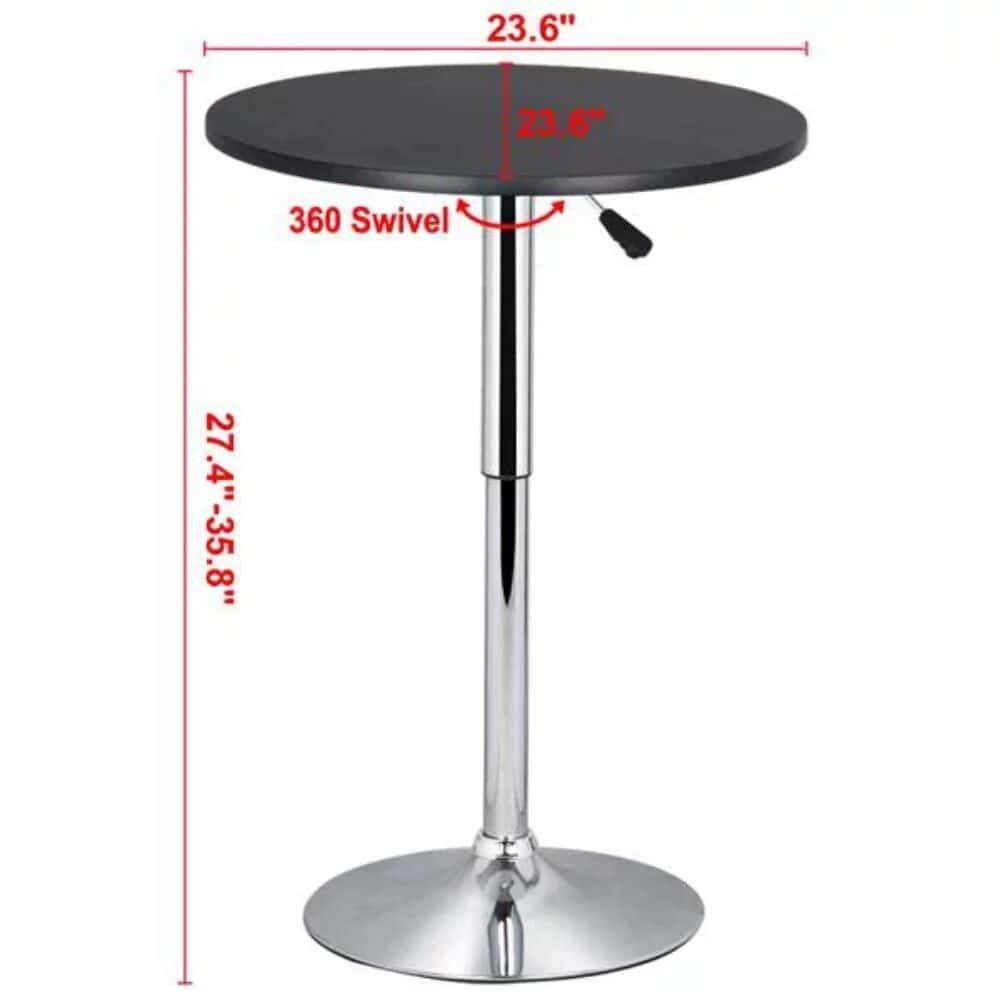 Stylish, adjustable-height bar table with 360-degree swivel, ideal for cafes, restaurants, or home bars, featuring a durable black top and chrome finish.