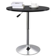 Comfortable black round table with chrome stand, perfect for office or home use, featuring a sleek surface ideal for holding books, coffee cups, or electronic devices.