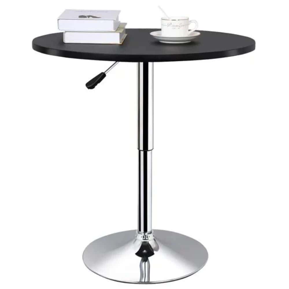 Comfortable black round table with chrome stand, perfect for office or home use, featuring a sleek surface ideal for holding books, coffee cups, or electronic devices.