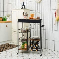 Efficient kitchen trolley for food storage and organization with glass jars, wine bottles, and plates, ideal for modern kitchens.