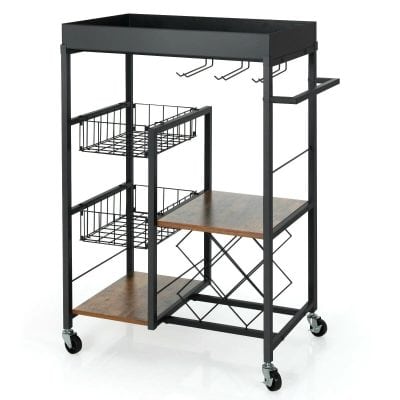 High-quality mobile optometry cart featuring multiple shelves, wire baskets, and hooks for glasses, ideal for eye exams and optical store setups.