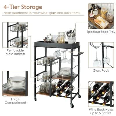 Durable metal wine and glass rack with removable mesh baskets and large compartments, ideal for organizing wine bottles, glasses, and daily items. Perfect for wine lovers and home bar setups.