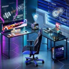 High-tech gaming office setup with monitors, PC, and ergonomic accessories for optimal gaming experience and eye health.