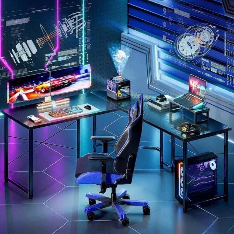 High-tech gaming office setup with monitors, PC, and ergonomic accessories for optimal gaming experience and eye health.