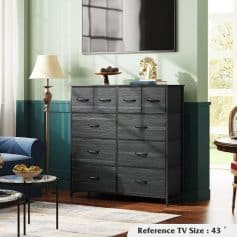 Stylish gray dresser from Monalisa Store with black handles, perfect for modern living rooms. Features decorative items like a horse sculpture and a tray, combining elegance and functionality.