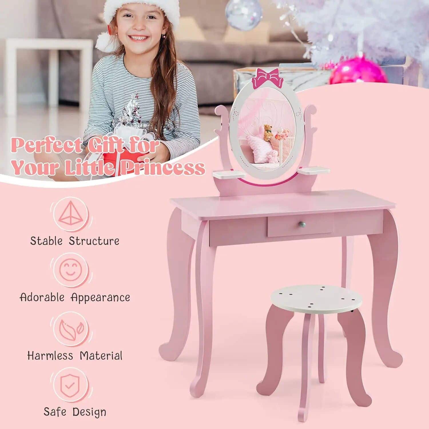2-in-1 Kids Vanity Set with Rotating Mirror and Stool - Image 7