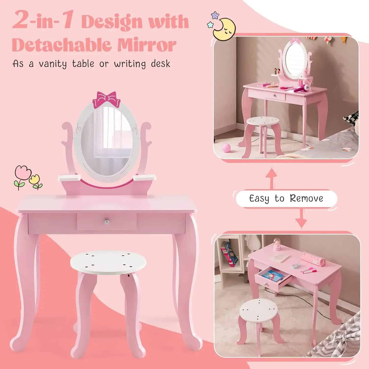 Pink children's vanity desk with detachable mirror for makeup and play.