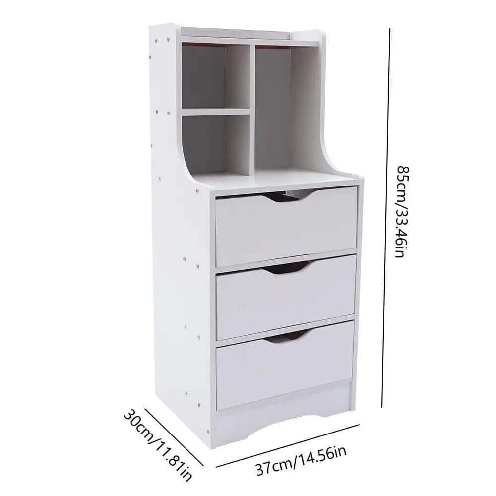 High-quality white storage cabinet with drawers, ideal for bedroom or living room organization, stylish design for modern home decor, compact size 85cm high, perfect for maximizing space.