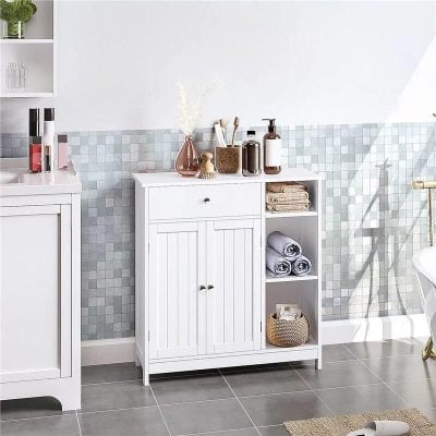 Stylish white bathroom cabinet with shelves and drawers for toiletries and towels, perfect for elegant and organized bathroom decor.