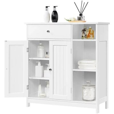 Stylish white bathroom storage cabinet perfect for organizing toiletries, towels, and beauty supplies. Elegant design with multiple shelves and a drawer for bathroom and spa needs.
