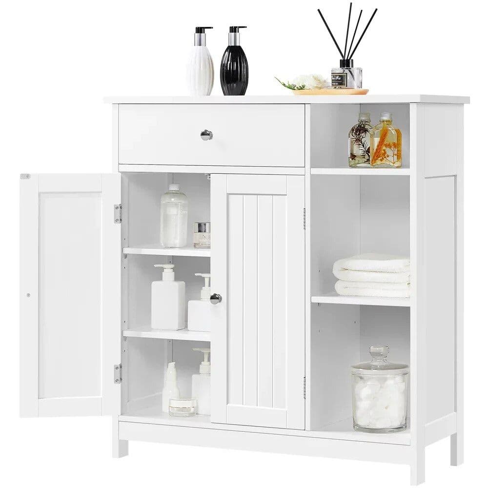 Stylish white bathroom storage cabinet perfect for organizing toiletries, towels, and beauty supplies. Elegant design with multiple shelves and a drawer for bathroom and spa needs.